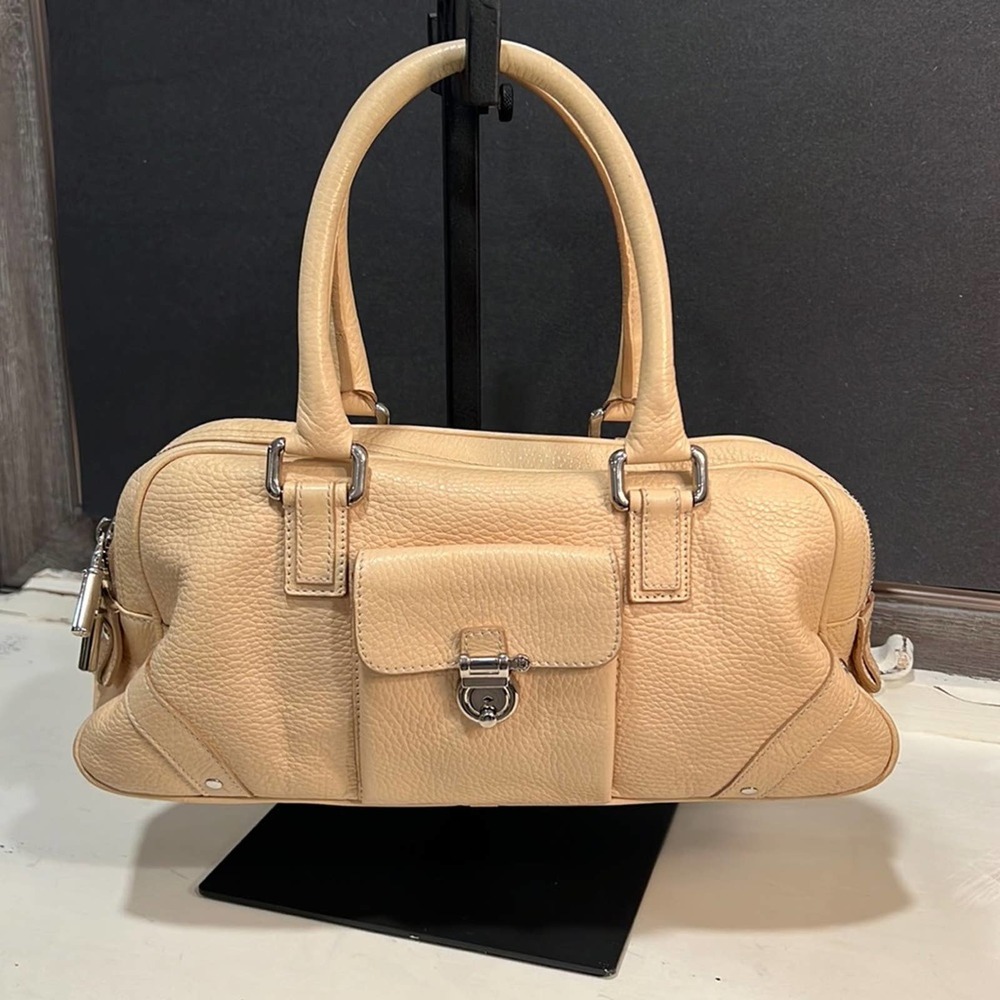 BURBERRY Creamy Tan Leather Rolled Handle Button Lock Bag